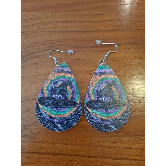 Halloween Faux Leather Witch Teardrop Earrings New Not‎ Worn Double-Sided Design - Picture 1 of 1